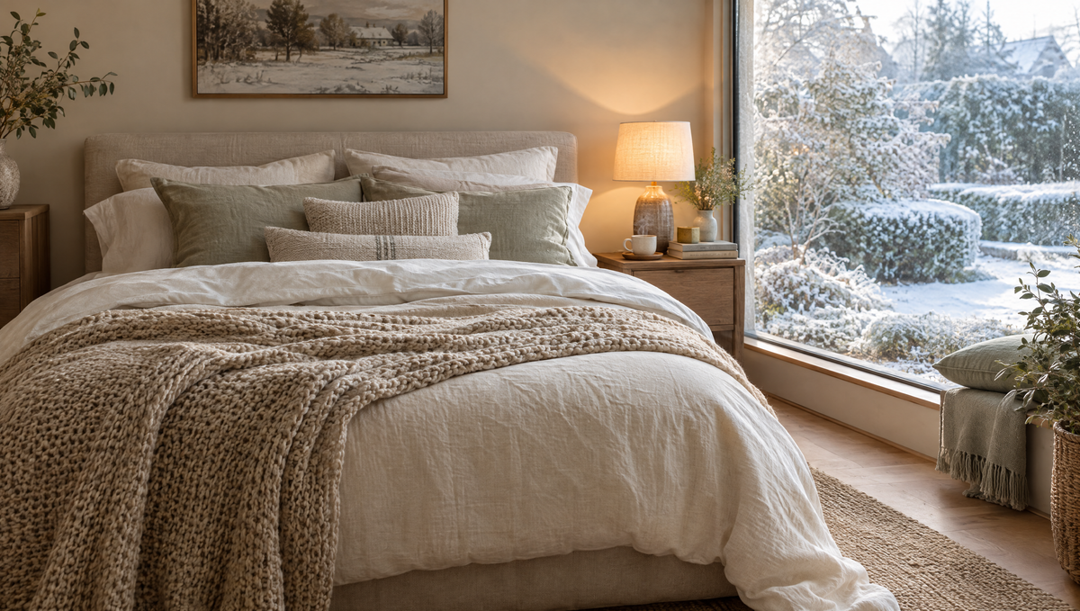 Gezellige slaapkamer in de winter met warm beddengoed, thee en besneeuwde tuin