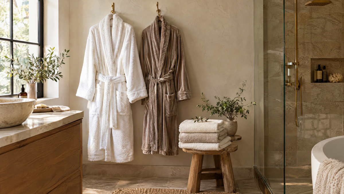 Witte badstof badjas en taupe velours badjas aan een haak in een rustige badkamer