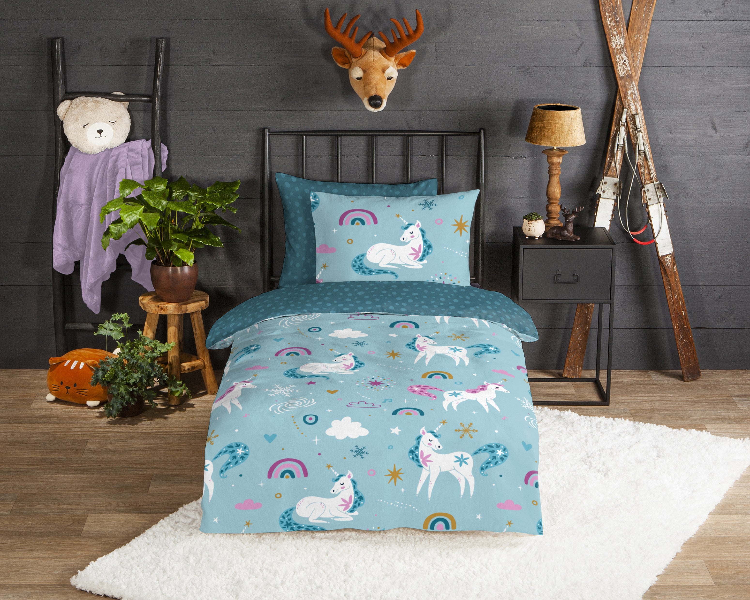Good Morning Dekbedovertrek Flanel Snowycorn Blauw