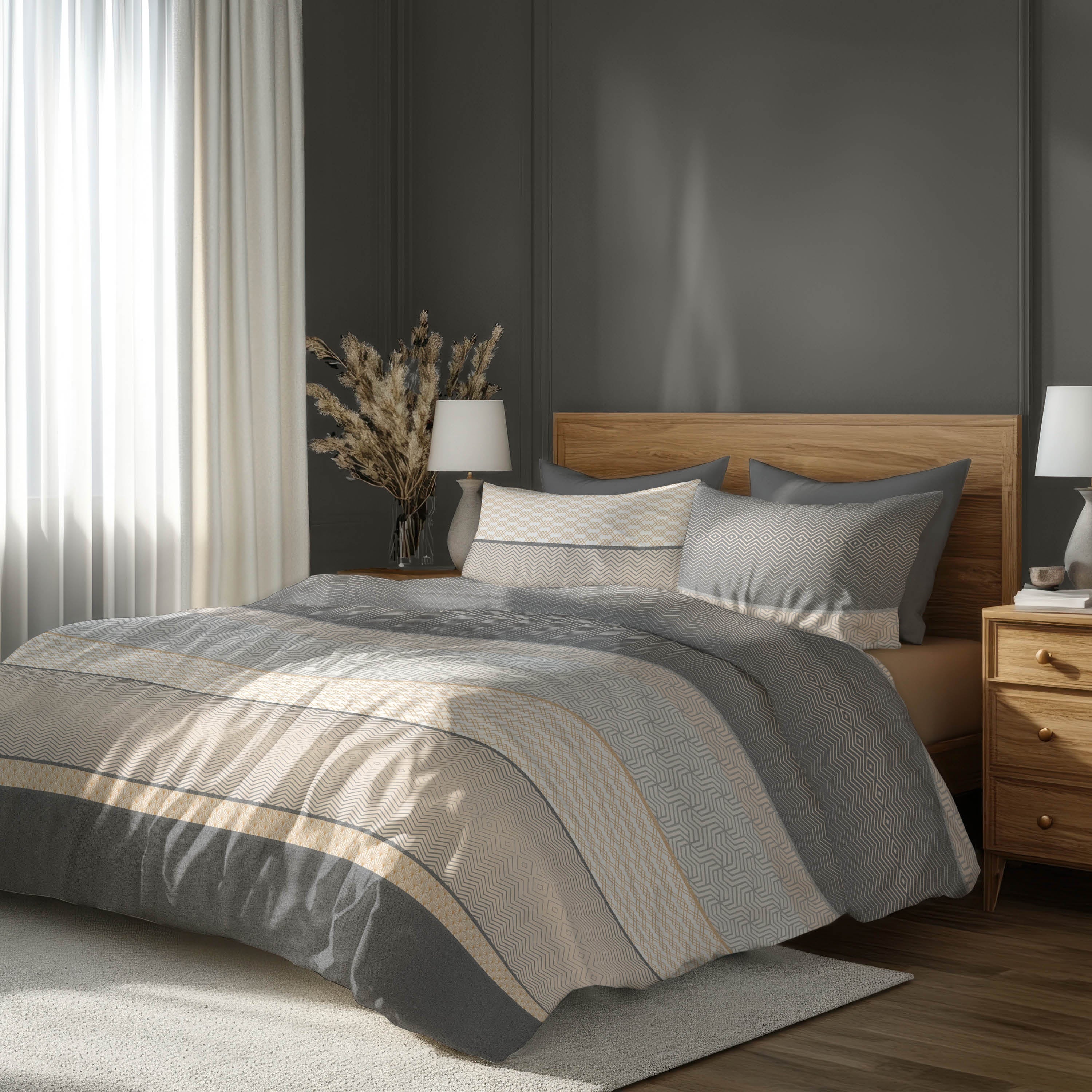 Satin d'Or dekbedovertrek satijn Maddox Antraciet/Beige