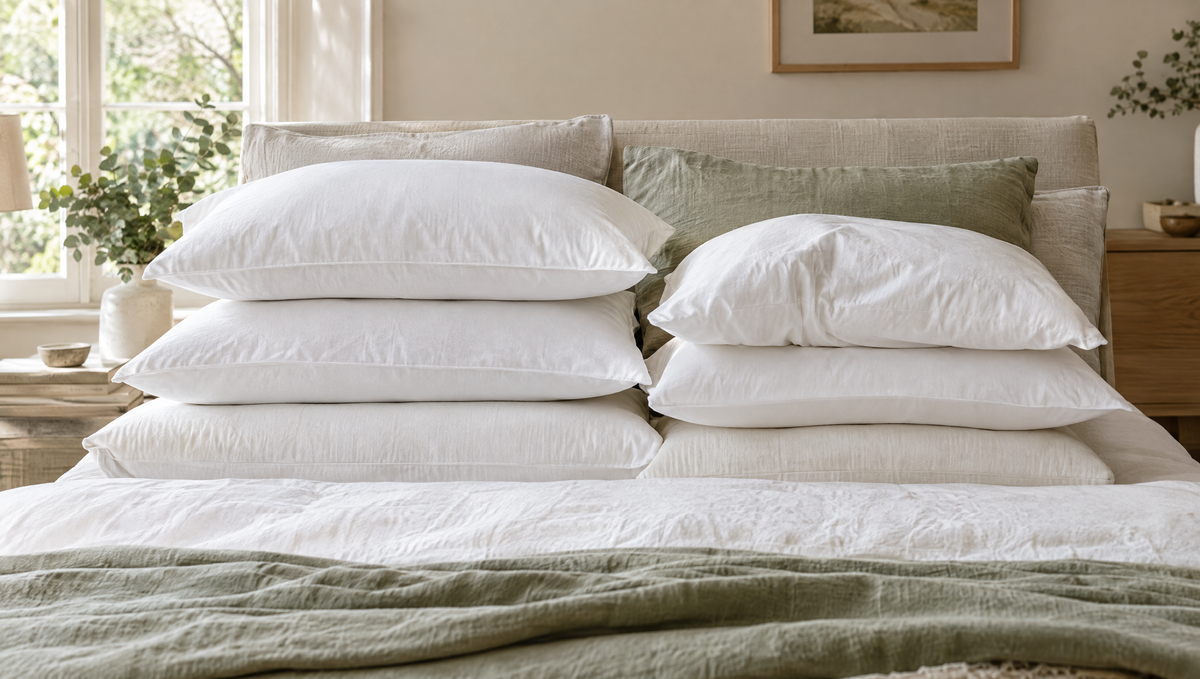 Stapel witte hoofdkussens in verschillende diktes op een opgemaakt bed