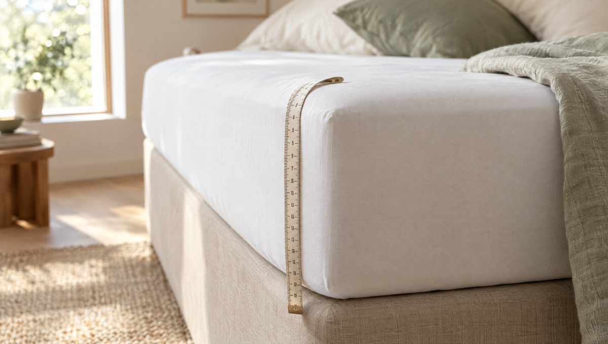 Hoek van een matras met hoeslaken en een lintmeter om de hoekhoogte te meten